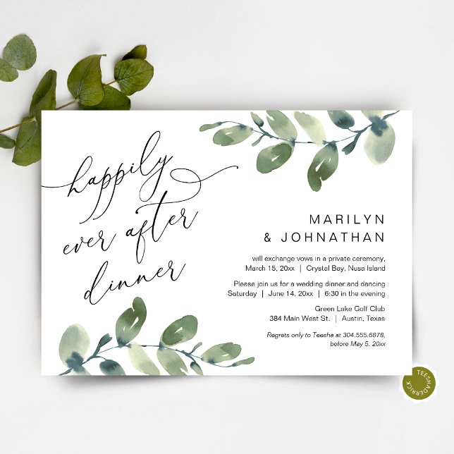 Invitation Heureux dîner après tout, évasion, verdure (Happily Ever After Dinner, Elopement Party Invitation Card, Greenery Eucalyptus, Digital Download)