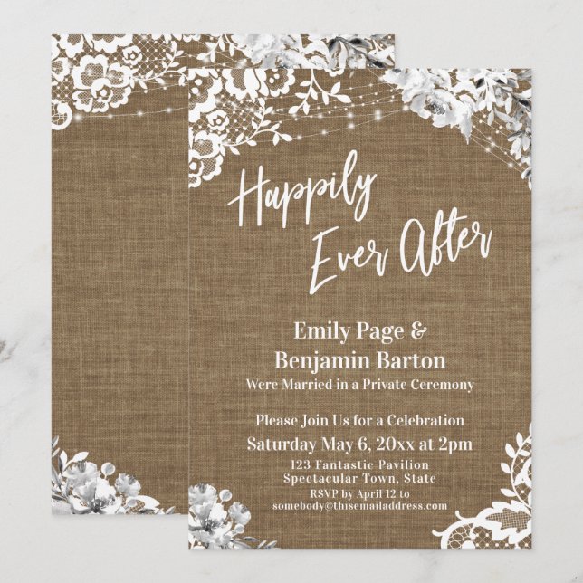 Invitation Heureux Jamais Après Burlap Lace Lumières Florales (Devant / Derrière)