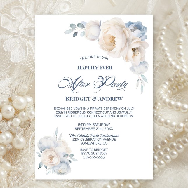 Invitation Heureux Jamais après la fête Bleu Blanc Floral Mar (Créateur téléchargé)