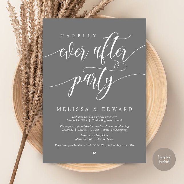Invitation Heureux Jamais après la fête de l'Elopement, gris  (Happily Ever After Elopement Party Invitation Card, PDF, Modern Wedding Dinner, in Dark Grey  )