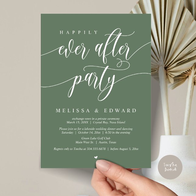 Invitation Heureux Jamais après la fête de l'Elopement, Sage  (Happily Ever After Elopement Party Invitation Card, PDF, Modern Wedding Dinner, in Forest Sage Green)