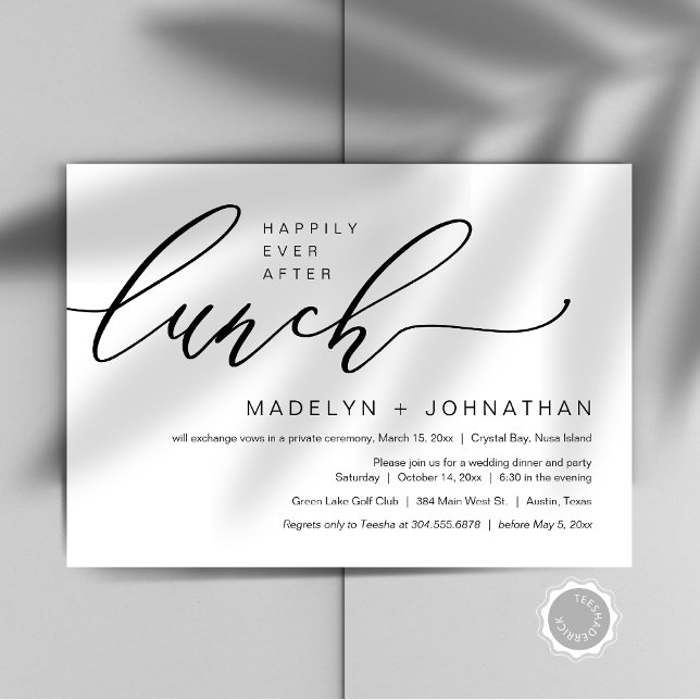Invitation Heureux Jamais après la fête du déjeuner du Mariag (Happily Ever After Wedding Elopement Lunch Party Invitation Card, Editable, Downloadable, Modern)