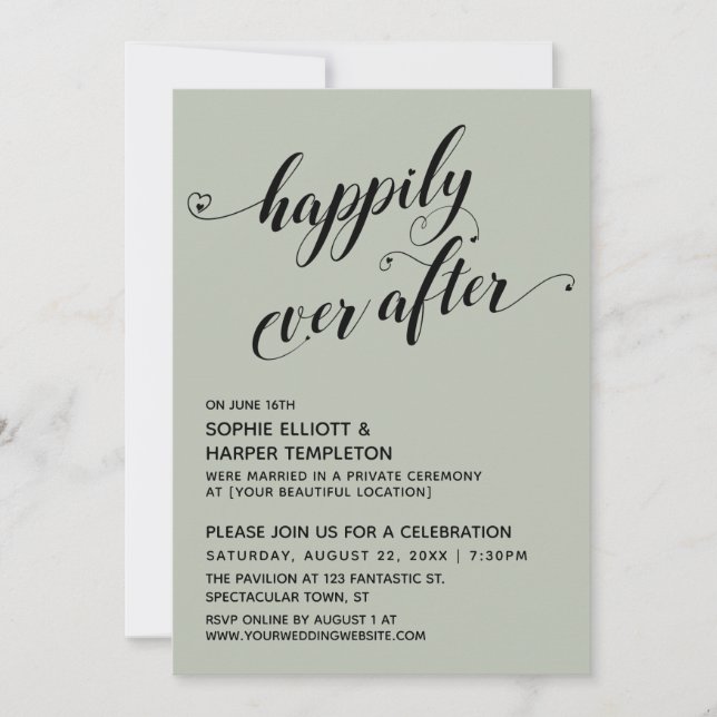 Invitation Heureux Jamais Après Le Coeur Réception Sage (Devant)