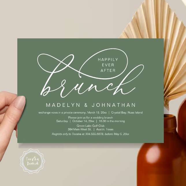 Invitation Heureux Jamais Après Le Déjeuner, Mariage Elopemen (Happily Ever After Brunch, Wedding Elopement Party Invitation Card, PDF, Classy, Forest Sage Green)