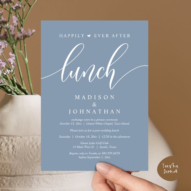 Invitation Heureux Jamais Après Le Déjeuner, Poste Mariage (Happily Ever After Lunch, Wedding Party Invitation Card PDF Modern Romantic Beautiful Dusty Blue)
