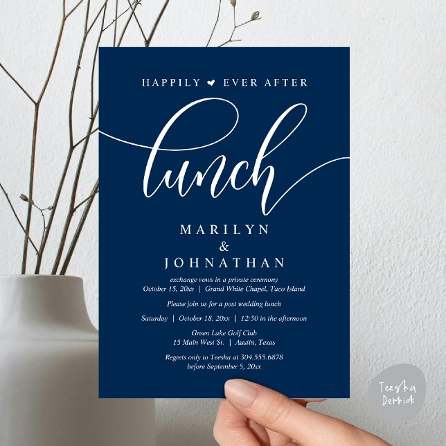 Invitation Heureux Jamais Après Le Déjeuner, Poste Mariage (Happily Ever After Lunch, Wedding Party Invitation Card PDF Modern Romantic Navy Blue)