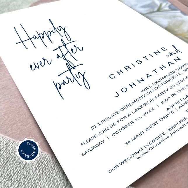 Invitation Heureux Jamais Après Le Dîner Mariage Elopement (Happily Ever After Wedding Elopement Dinner Party Invitation Card, Navy Blue Scheme, Downloadable)