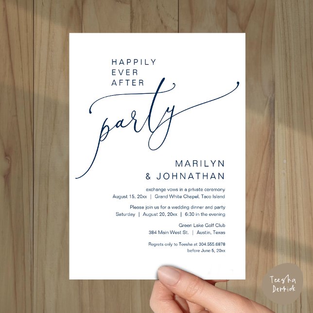 Invitation Heureux Jamais après le parti Mariage Elopement (Happily Ever After Wedding Elopement Party Invitation Card, PDF, Modern Romantic, Navy Blue)
