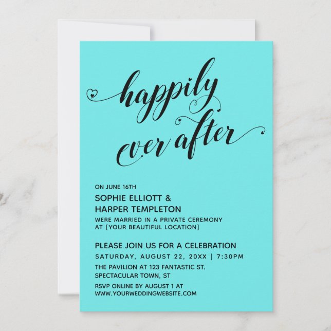 Invitation Heureux Jamais Après Les Coeurs Script Aqua Récept (Devant)