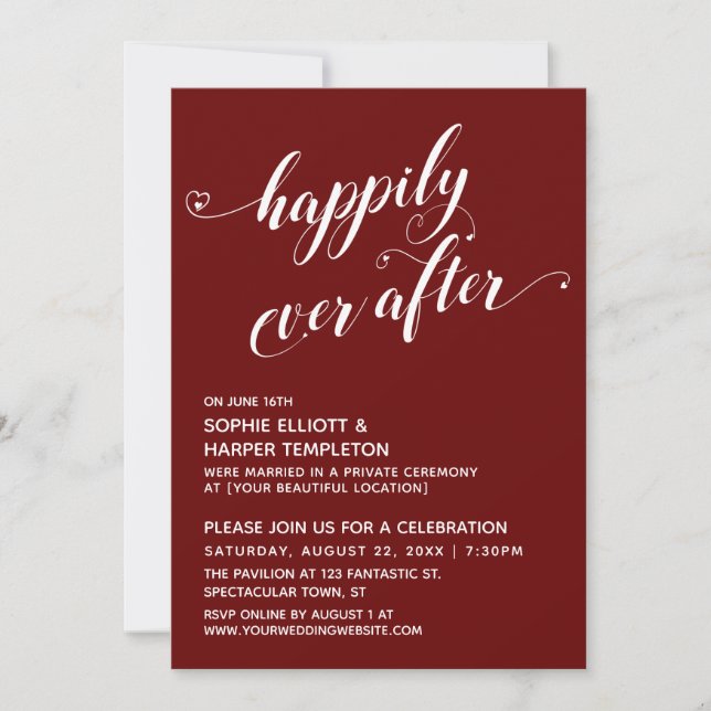 Invitation Heureux Jamais Après Les Coeurs Script Burgudy Réc (Devant)