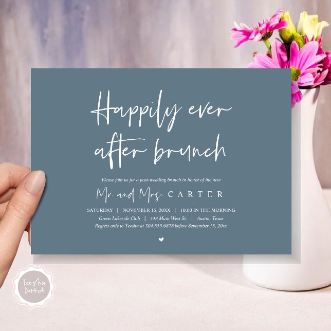 Invitation Heureux pour toujours après le brunch, Moderne apr (Happily Ever After Brunch Invitation Card, PDF, Modern Wedding Elopement, Celebration, Dusty Blue)