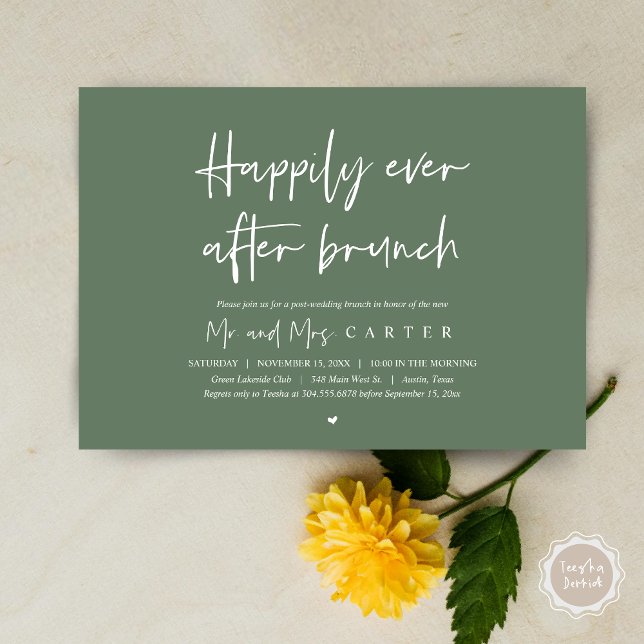 Invitation Heureux pour toujours après le brunch, Moderne apr (Happily ever after brunch, Modern post wedding Invitation Card, PDF, in timeless forest sage green)