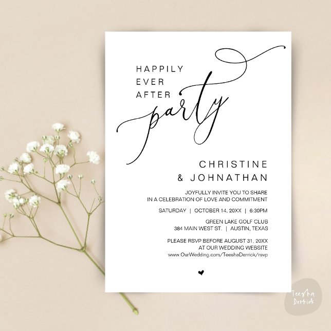 Invitation Heureux pour toujours dîner de fête de mariage dan (Happily Ever After Wedding Party Romantic Dinner Dancing Invitation Card, PDF, in Black and White)