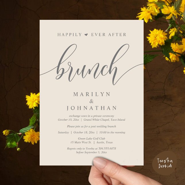 Invitation Heureux toujours après Brunch, Mariage de poste (Happily Ever After Brunch, Wedding Party Invitation Card PDF Modern Beautiful Cream Grey)