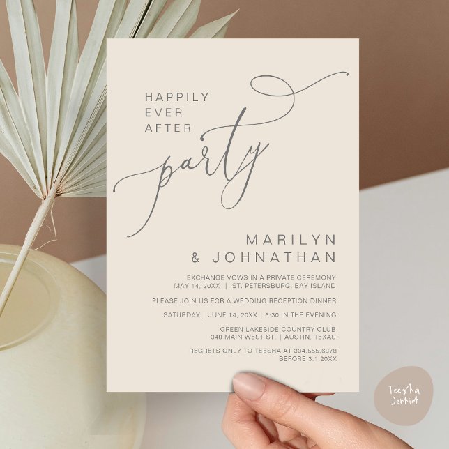 Invitation Heureux toujours après la réception Dîner et danse (Happily Ever After Reception Dinner and Dancing Cash Bar, Adult only Invitation Card PDF Cream Grey)
