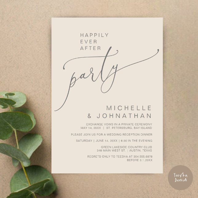 Invitation Heureux toujours après la réception Dîner et danse (Happily Ever After Reception Dinner and Dancing Cash Bar, Adult only Invitation Card PDF Cream Grey)