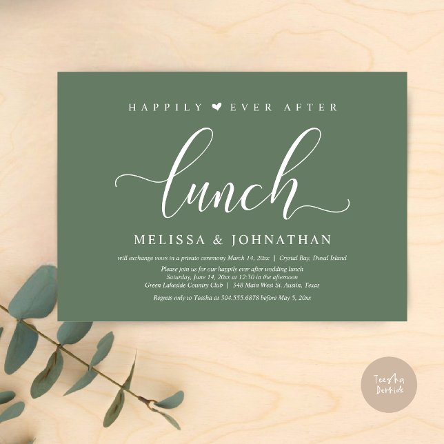 Invitation Heureux toujours après le déjeuner, Mariage Elopem (Happily Ever After Lunch Invitation Card, PDF, Modern Classy Script, in Sage Green)