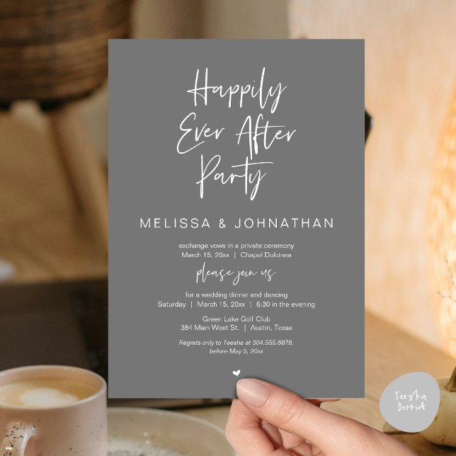 Invitation Heureux toujours après, Mariage Elopement Diner Pa (Happily Ever After Party, Wedding Dinner and Dancing Invitation Card, PDF, in Dark Grey)