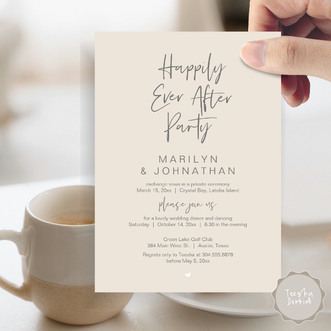 Invitation Heureux toujours après, parti Elopement Mariage (Happily Ever After, Wedding Elopement Modern Summer Party Invitation Card, PDF, in Cream Dark Grey)