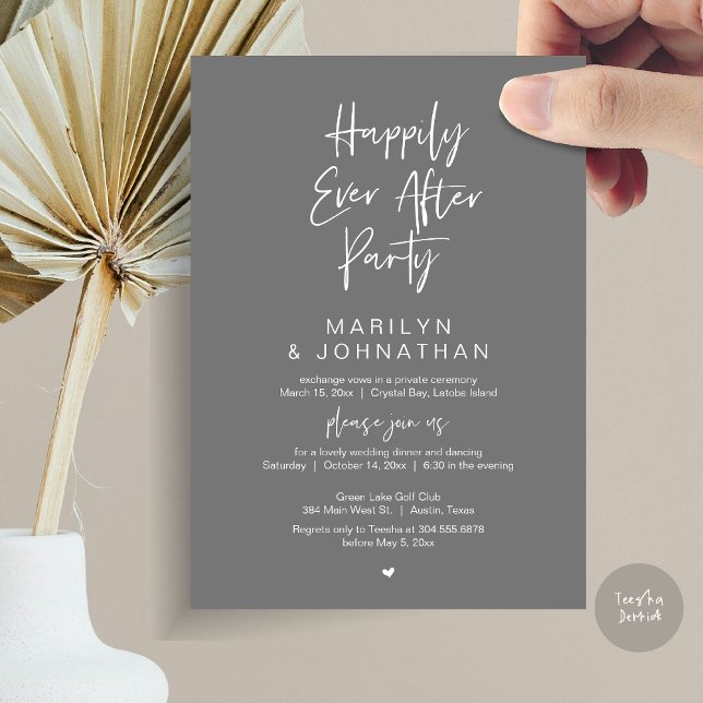 Invitation Heureux toujours après, parti Elopement Mariage (Happily Ever After, Wedding Elopement Modern Summer Party Invitation Card, PDF, in Dark Grey)