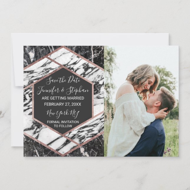 Invitation Hexagon de finition or Rose moderne en marbre Enre (Devant)