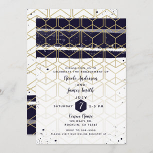 Invitation Hexagon Modern Marine Blue Gold Fiançailles géomét