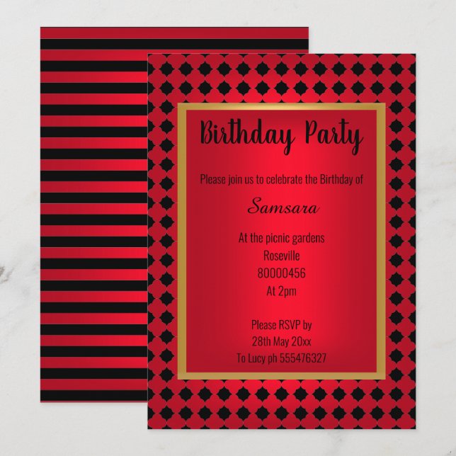 INVITATION HEXAGON STRIPE MOTIF ROUGE NOIR TOUTE OCCASION (Devant / Derrière)