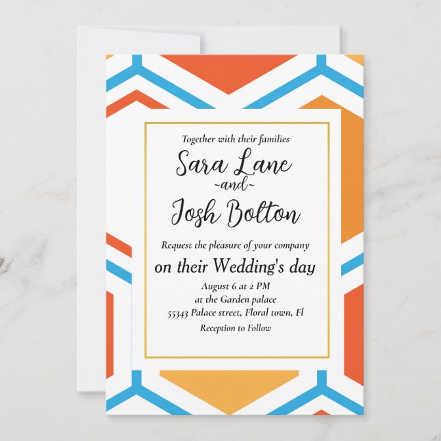 Invitation hexagone en orange, bleu et blanc (Devant)