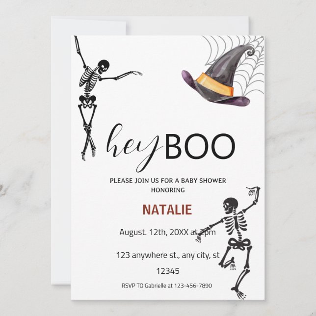 Invitation Hey Boo Baby shower de squelette (Devant)
