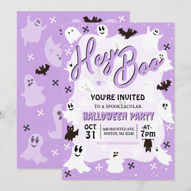 Invitation Hey Boo Cute Éffrayante Fête d'Halloween (Devant / Derrière)