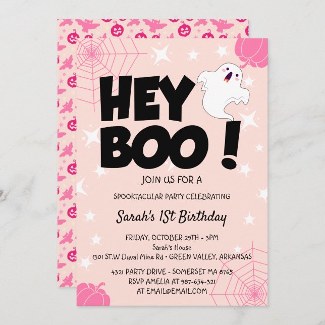 Invitation Hey Boo Pink Halloween Ghost fête d'anniversaire (Devant / Derrière)