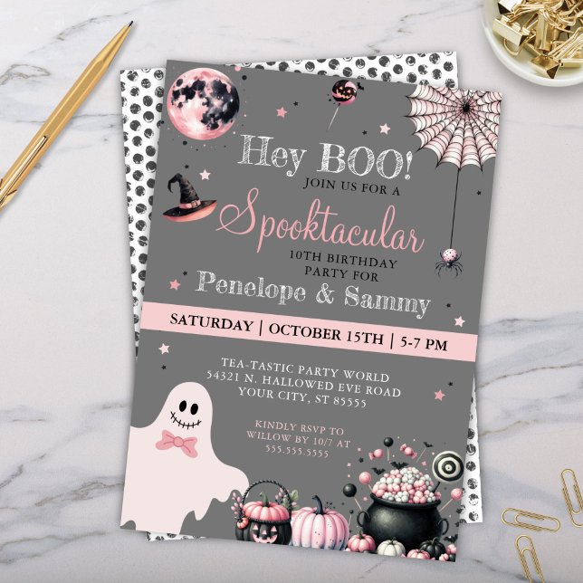 Invitation Hey Boo Rose Grey Fille Halloween fête d'anniversa (Spooktacular Halloween Birthday Party Costume Trick or Treat any Party Invitations for Girls)
