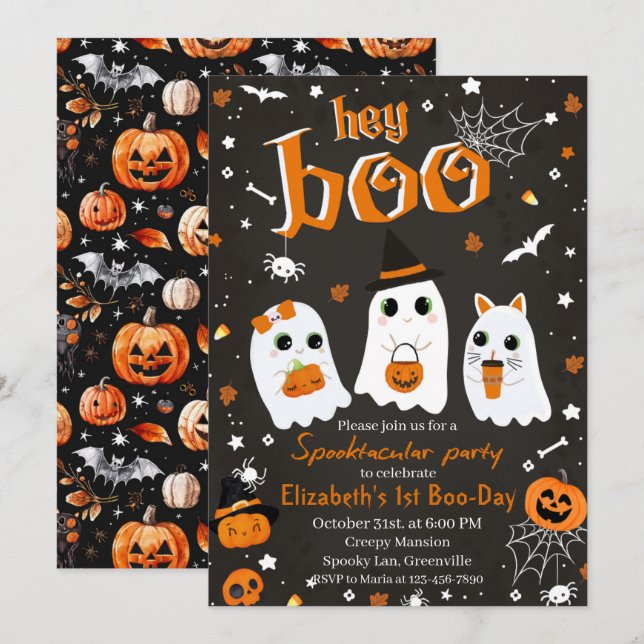 Invitation Hey Boo Spooktacular Halloween 1er anniversaire fê (Devant / Derrière)