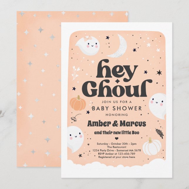 Invitation Hey Ghoul Peach Girl Ghost Baby shower (Devant / Derrière)