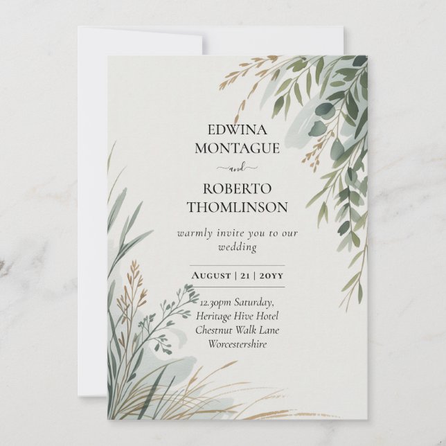 Invitation HHS Greenery Botanical Watercolor Elegant Wedding (Devant)