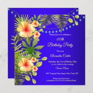 Invitation Hibiscus bleu tropical jaune fleuri Anniversaire