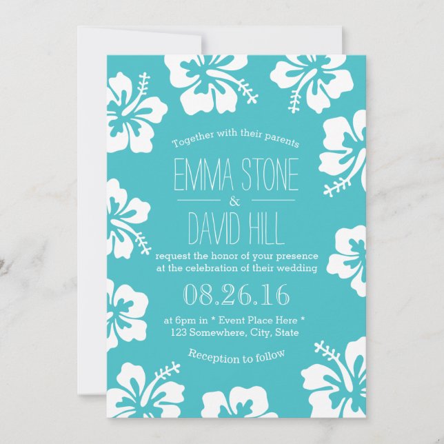 Invitation Hibiscus Classé Fleurs Mariage Turquoise (Devant)