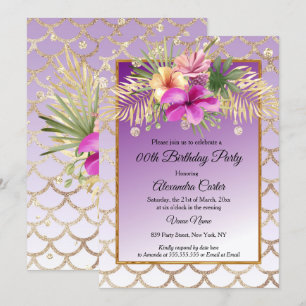 Invitation Hibiscus d'or violet fête d'anniversaire florale