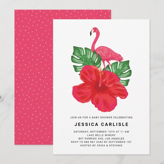 Invitation Hibiscus et Flamant rose rose Baby shower tropical (Devant / Derrière)