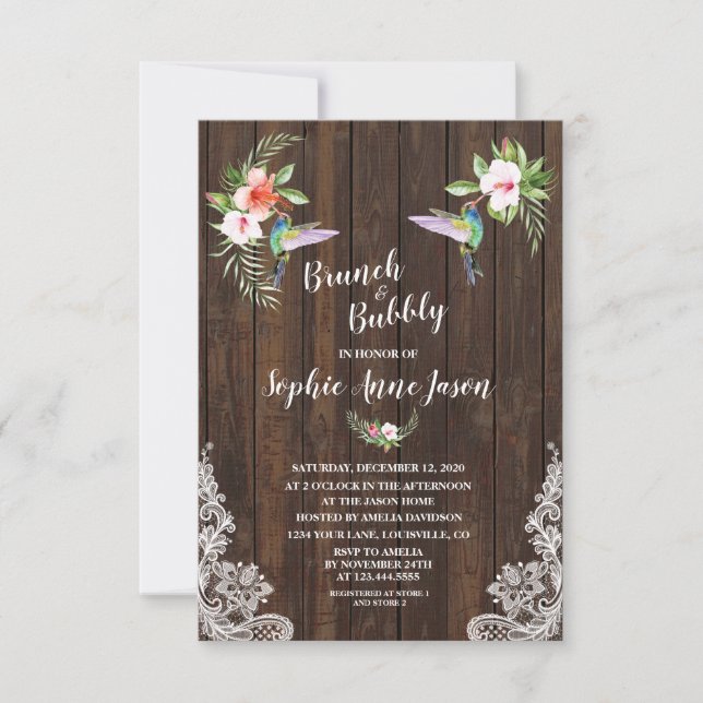 Invitation Hibiscus Floral Hummingbird Bois Brunch et Bubbly (Devant)