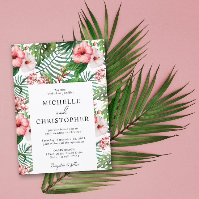 Invitation Hibiscus floral tropical Mariage blanc moderne (Créateur téléchargé)