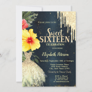 Invitation Hibiscus Gold Drips, Robe bleu foncé Sweet 16