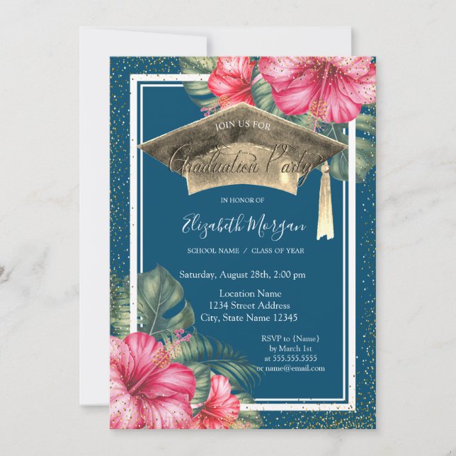 Invitation Hibiscus, Graduation Cap Blue Graduation Party (Devant)