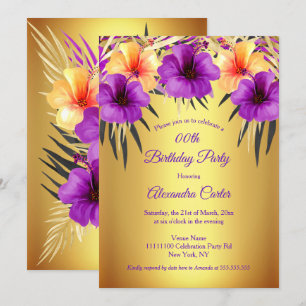 Invitation Hibiscus jaune doré palmiers fête d'anniversaire