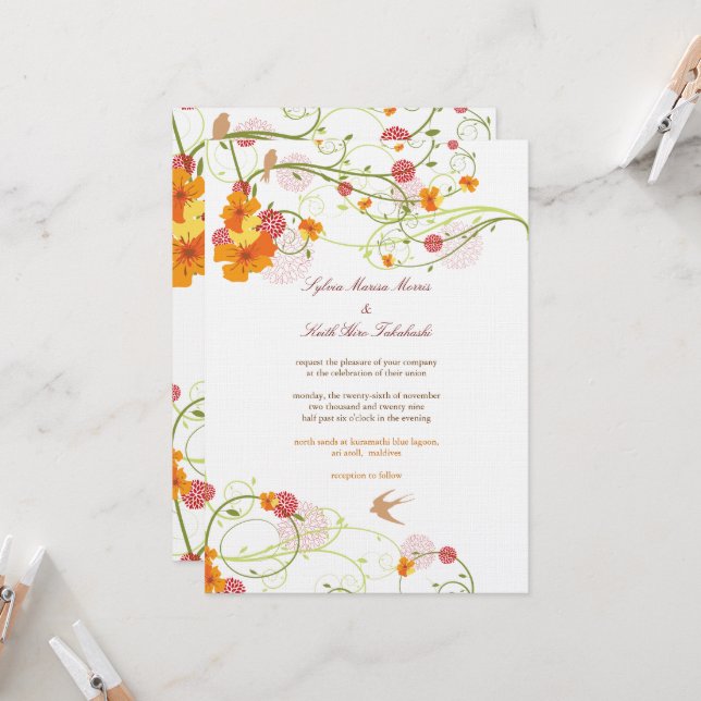Invitation Hibiscus Jaune Mariage Floral (Devant/Arrière en situation)