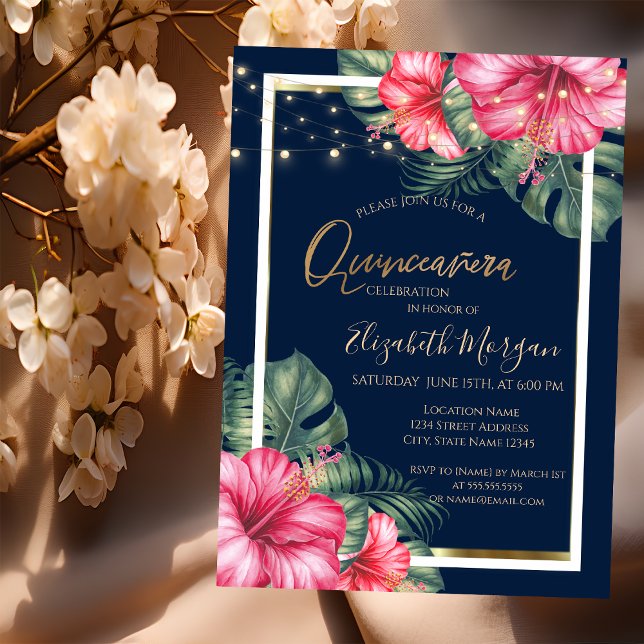 Invitation Hibiscus, Lumières, Bois, Cadre Quinceanera (Créateur téléchargé)
