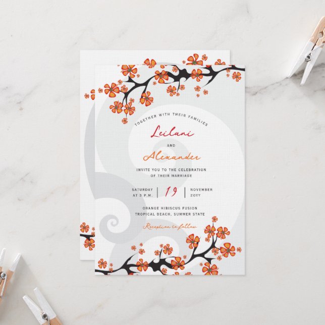 Invitation Hibiscus Orange Tropical Fusion Grey Swirl Mariage (Devant/Arrière en situation)