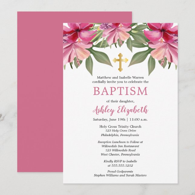Invitation Hibiscus rose Aquarelle tropicale Baptême floral (Devant / Derrière)