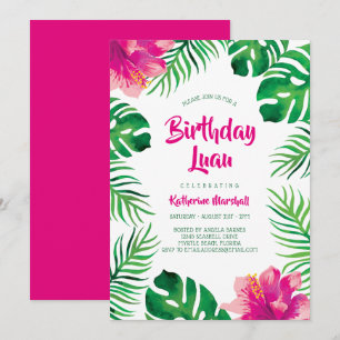 Invitation Hibiscus rose Feuilles tropicaux Anniversaire Luau