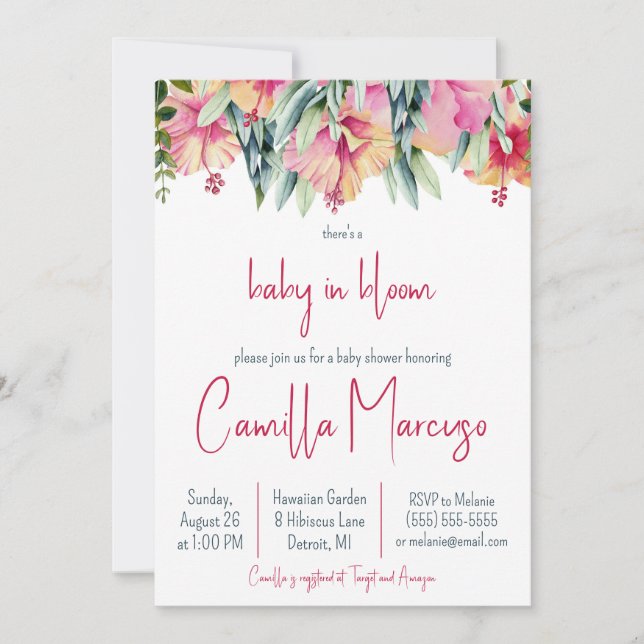 Invitation Hibiscus rose Flower Baby in Bloom Baby shower (Devant)